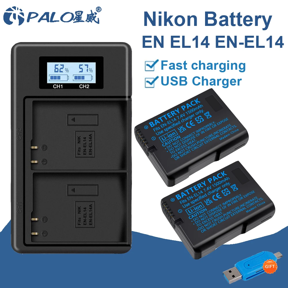 

PALO 1500mAh EN-EL14 EN-EL14A Battery for Nikon D3100 D3200 D3300 D3400 D3500 D5600 D5100 D5200 P7000 P7800&USB Dual Charger