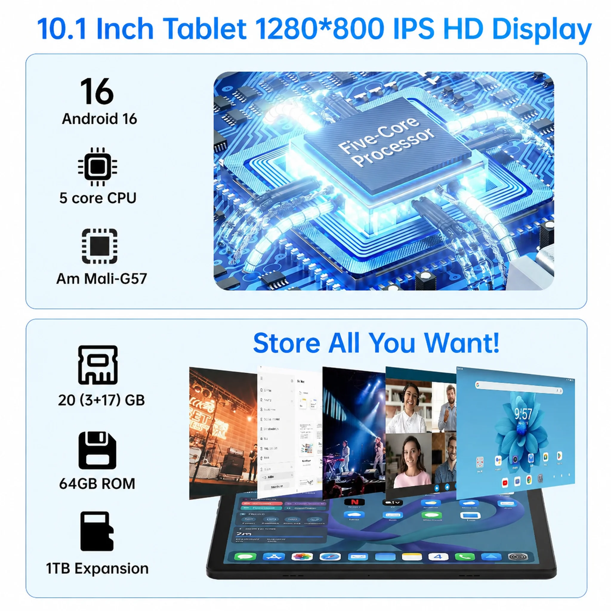 10.1 Inch Android 16 Tablet PC Set, Stylus Keyboard Mouse Headphone Included, 20GB (3+17 expansion) RAM, 64GB ROM, Five-core A333, WiFi6, Widevine L1, 6000mAh, Face Unlock, 5MP+8MP Dual Camera, 1280*800 HD IPS Touch Screen, 1TB TF Expandable, KB1001L