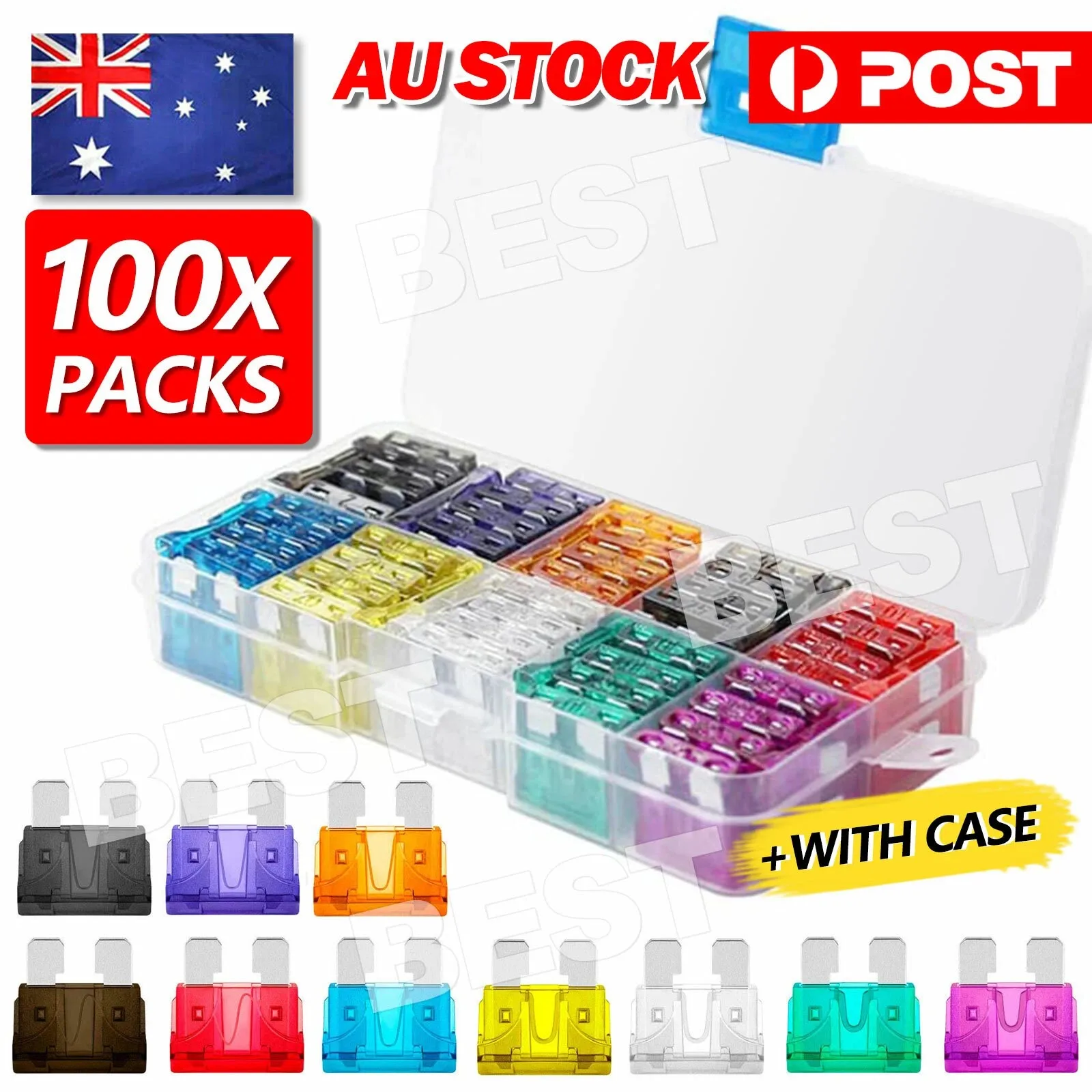 100x Standard Blade Auto Car Assorted Fuses Sets Assortment Kits 2A-35A W/ Box