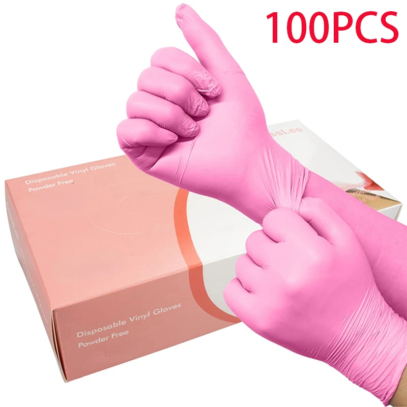 100pcs Disposable Pink Nitrile Gloves Latex Free Waterproof Anti Static
