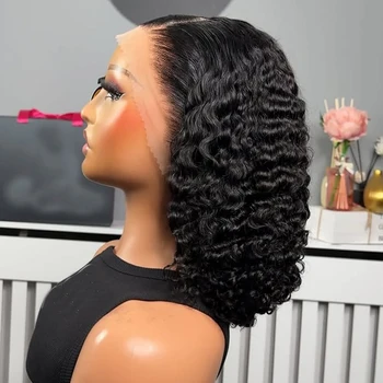 Deep Wave BOB Wig Human Hair 13x4 HD Curly BOB Lace Front Wigs Human Hair Pre Plucked Short Curly Frontal BOB Wigs For Black Women Wet And Wavy 12 14 16 Inch 1