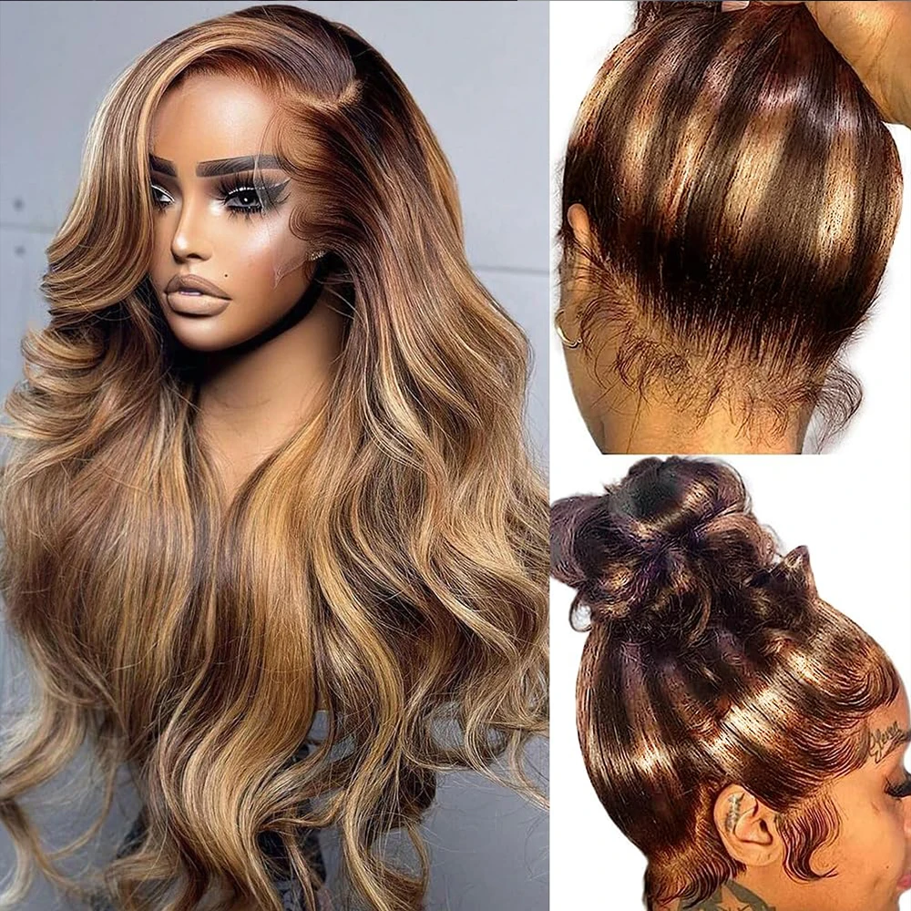 250 Density Highlight 360 Lace Front Wig Human Hair P4/27 38 Inches HD 13X4 Lace Front Wig Body Wave Highlight Wig Human Hair
