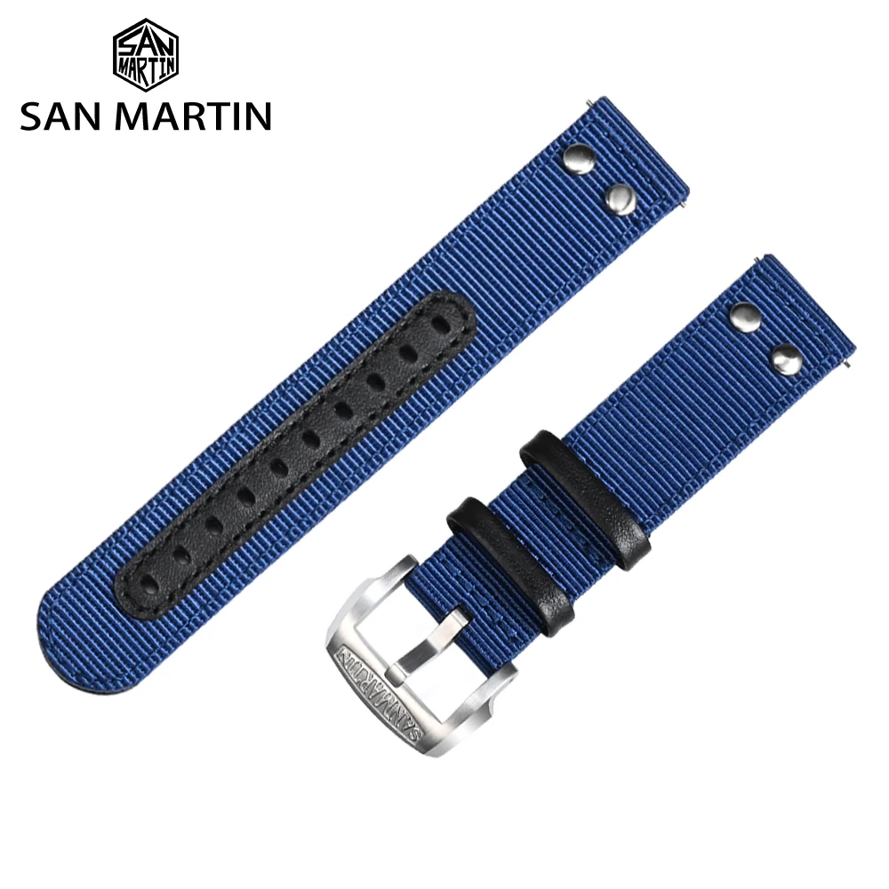 San Martin Watch Band Quick Release Double Layer Nylon Strap High Quality Fashion Rivet Stitching Design 20mm 22mm Watches Parts