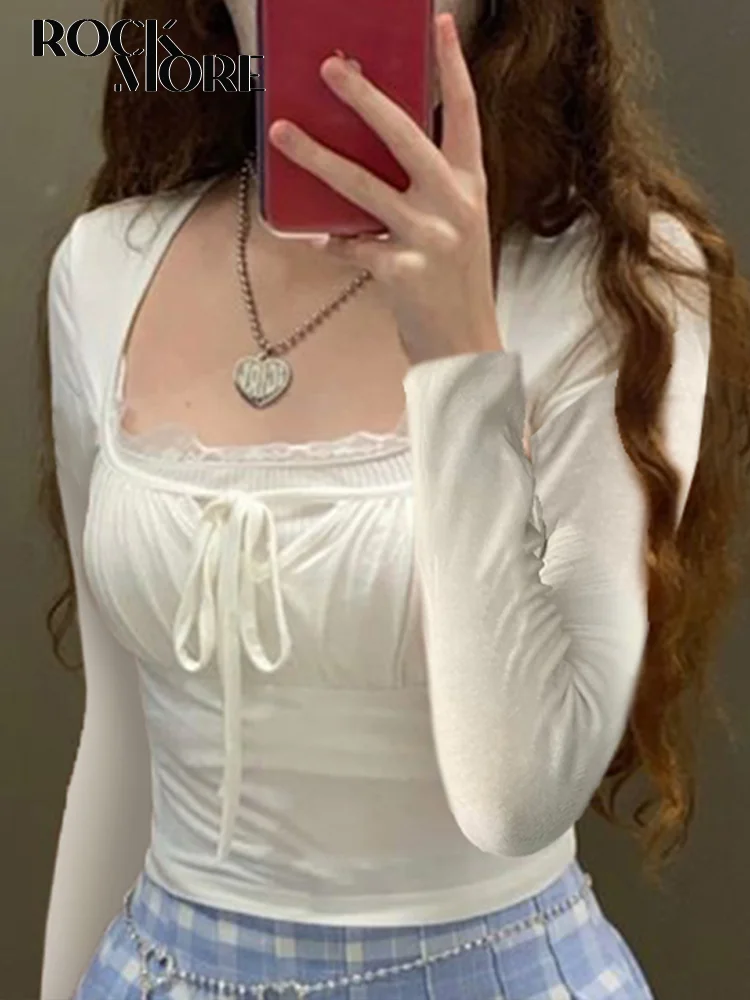 

Rockmore Lace Stitching Kawaii T-Shirts Long Sleeve Spring Autumn Women Slim Casual Square Collar Basic Bottoming Pullover Tops
