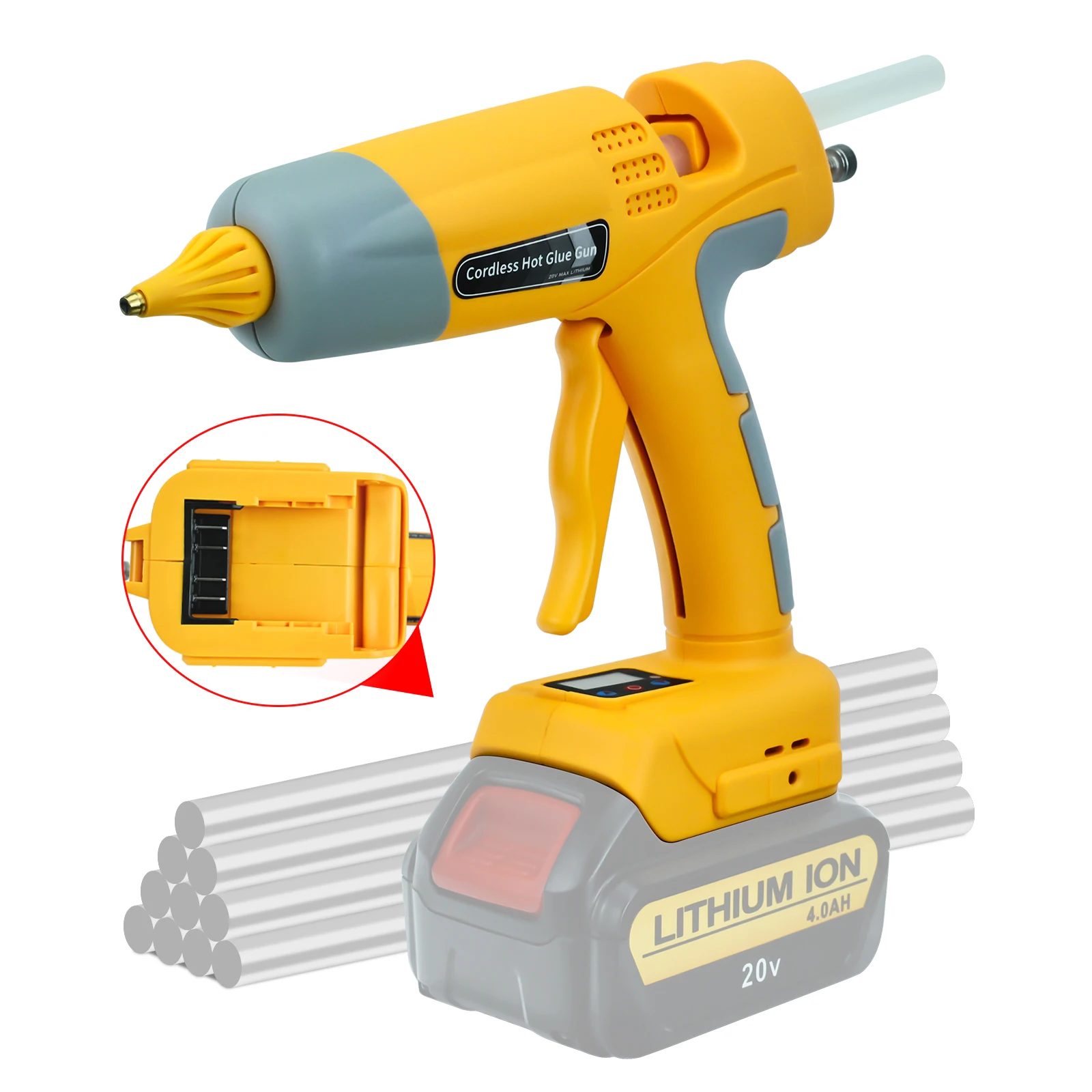 

100W Cordless Electric Handheld Hot Melt Glue Gun Repair DIY Tool with 10pcs 11mm Glue Sticks for Dewalt 20V Battery(No Battery)