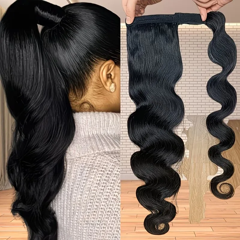 바디 웨이브 100% 인모 포니테일 연장, 매직 페이스트로 감싸는 바디 웨이브 포..