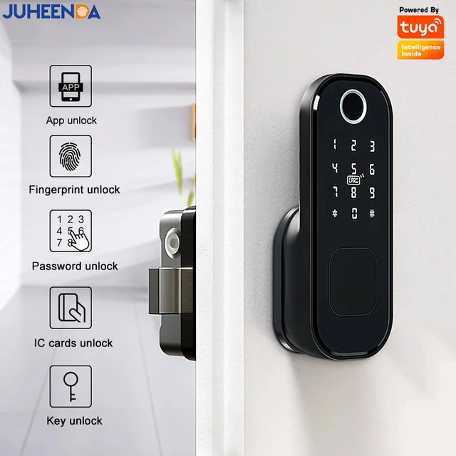 No Wiring Waterproof Tuya Wifi Smart Lock Digital Code IC Card TTLock App Fingerprint Rim Lock For Home Wooden Metal Gate Door 2