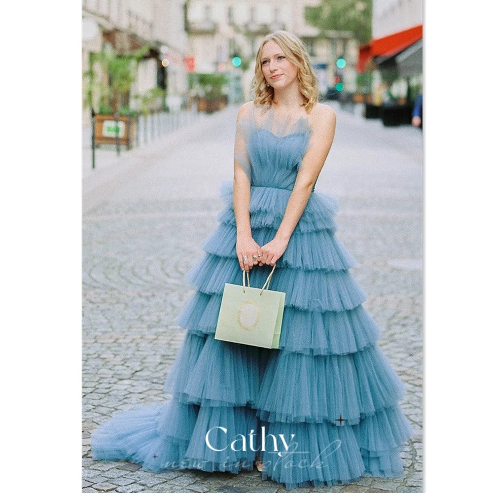 

Cathy Princess Baby Blue Prom Dress Strapless Multi-layer Evening Dress Sexy Sweep Tail فستان سهرة Sleeveless Party Dress
