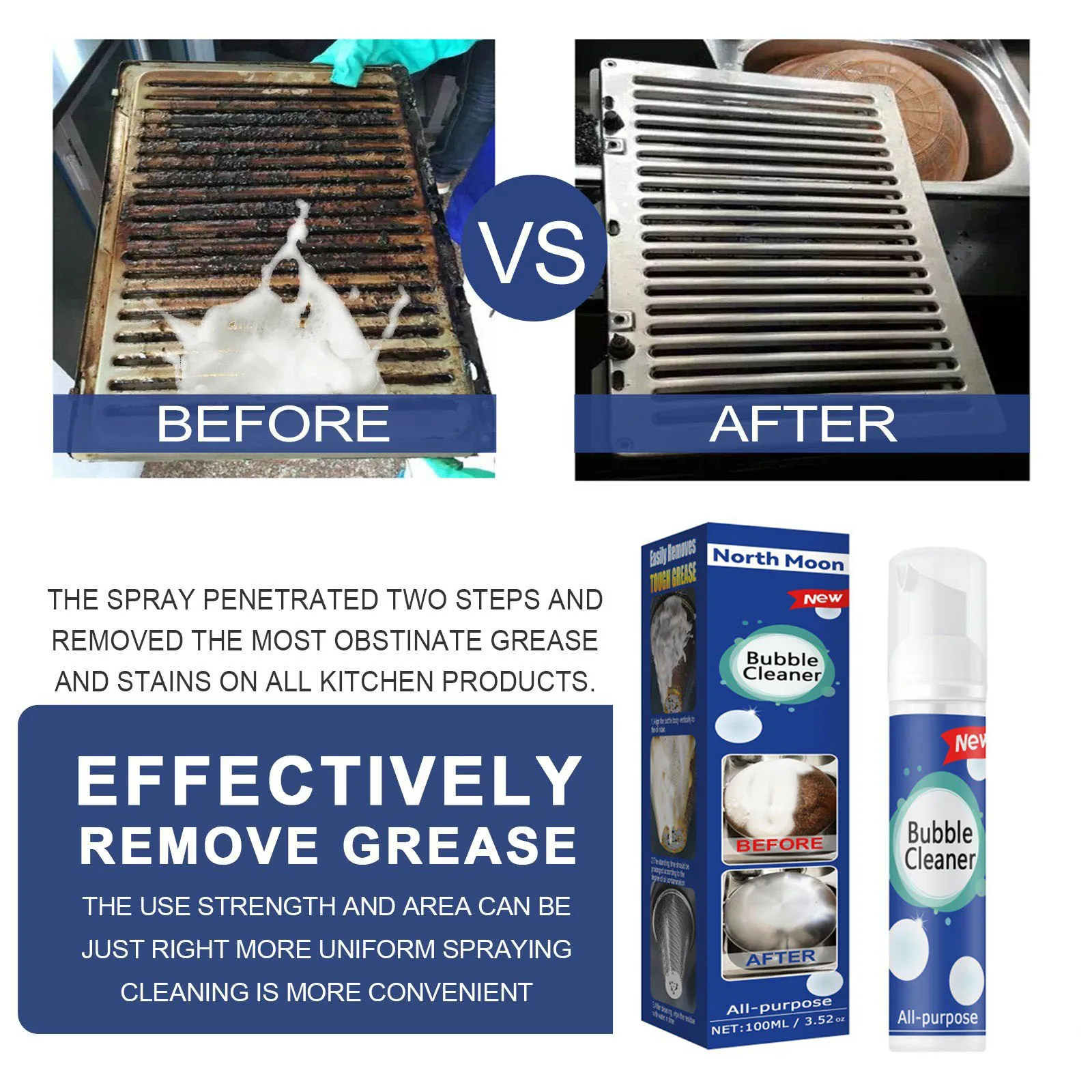 North Moon 100ml Kitchen Grease Bubble Cleaner Foam Rust Remover Spray Rinse-Free Dirt Remover Heavy Oil Stain Cleaner Mousse