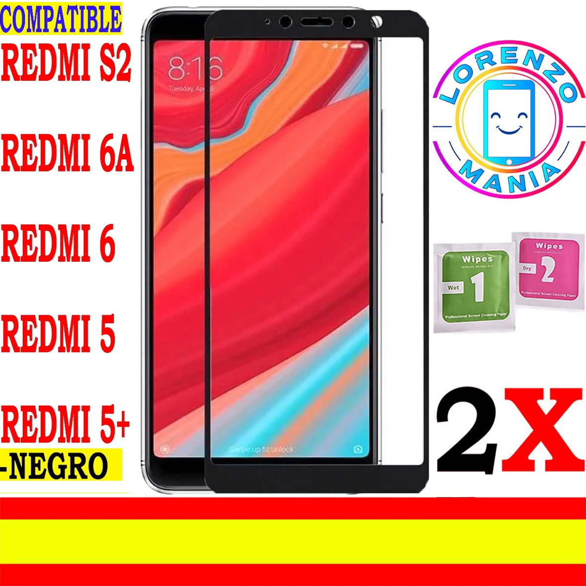 2 Proteggi Schermo Compatibile Xiaomi Redmi S2, Redmi 6, Redmi 6A, Redmi 5, Redmi 5 Plus, Redmi Note 5A Prime, Vetro Temperato Antideflagrante In Bian