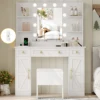 White Vanity Desk Set with Lights, Vanity Table with Charging Station, Modern Makeup Vanity Desk for Bedroom 1