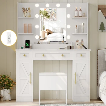 White Vanity Desk Set with Lights, Vanity Table with Charging Station, Modern Makeup Vanity Desk for Bedroom 1