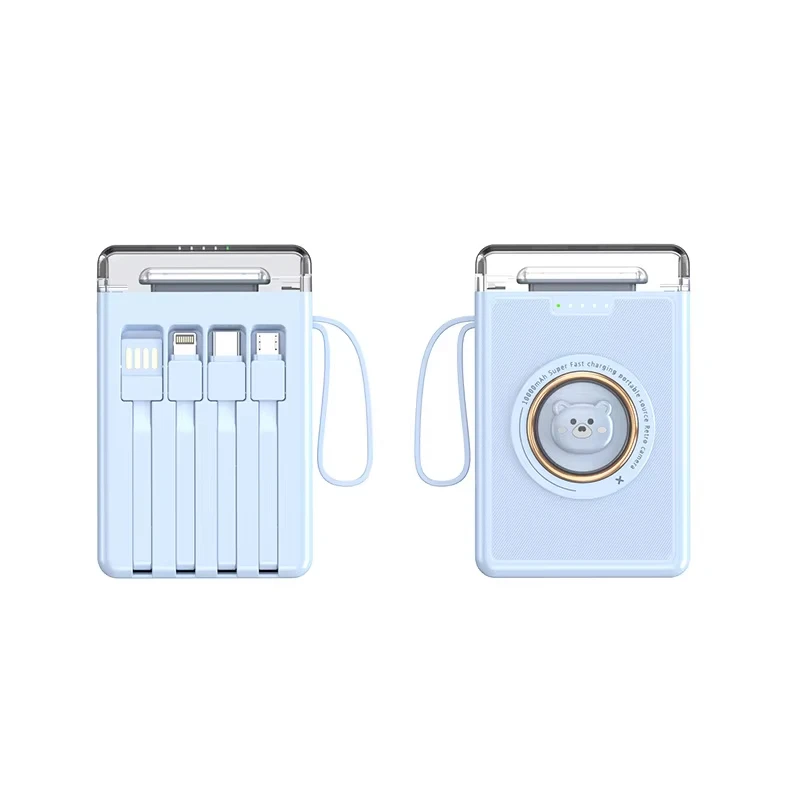 Mini Power Bank 20000mAh Cute Pet Cartoon LED Light Powerbank Built in 4 Cable Portable Charger External Battery Pack Power Bank 6