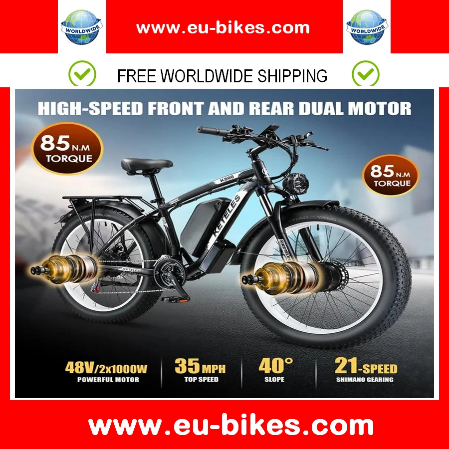 

K800-2000W/48V23AH/18ah EBike 26X4.0 Inch Electric Bike Dual Motor Two Wheel Drive Battery Off-Road Fat Tire Electric Bicycle