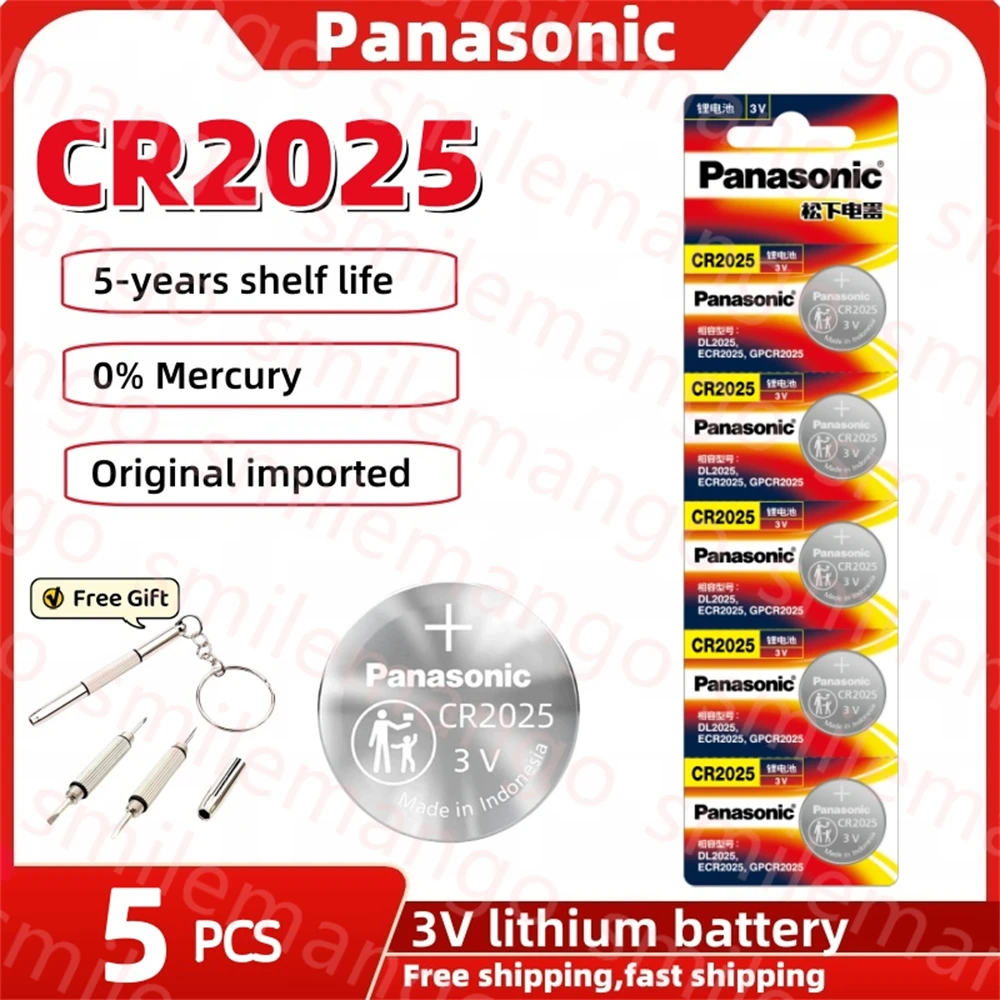 

5PCS Original Panasonic CR2025 Battery CR 2025 3V Lithium Battery KCR2025 DL2025 For Car Remote Control Watch Button Coin Cells