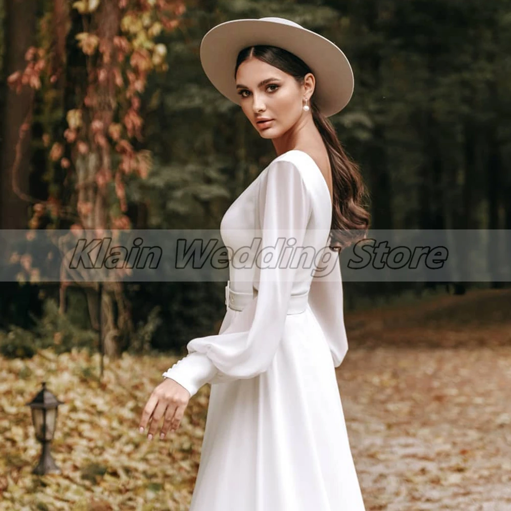 Simple A Line Wedding Dress with Long Sleeve Ladies Sexy Deep V Neck Jersey Bridal Gown  Blet Custom Made Vestido De Novia images - 6