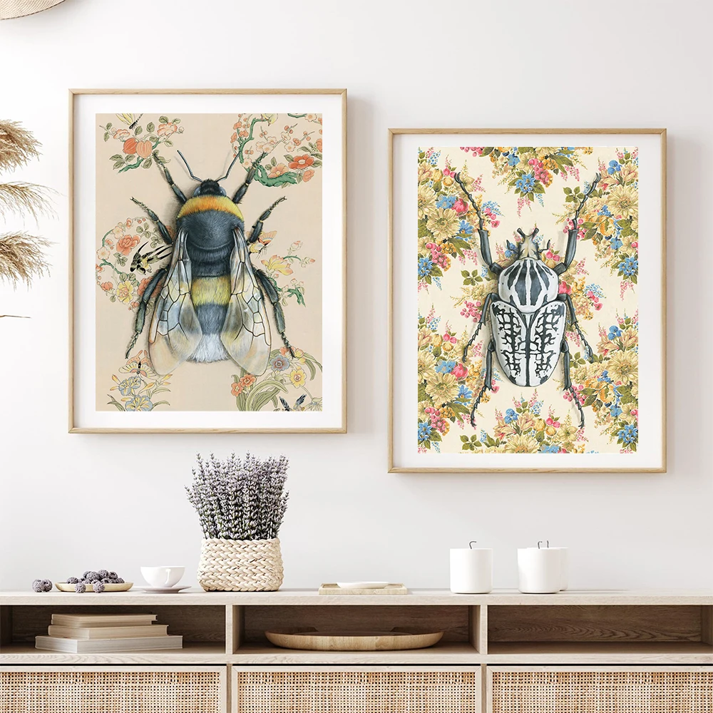 Vintage Insect Floral Oil Painting Art Print Goliath Beetle Poster Bumblebee Garden Art Canvas Painting Black-Eyed Susan Picture