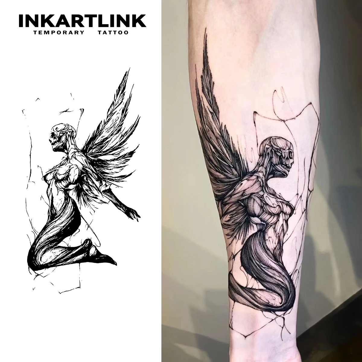 タトゥーシール マジックタトゥー 天使 防水 スケルトンエンジェル一時的なタトゥーステッカー、防水マジック