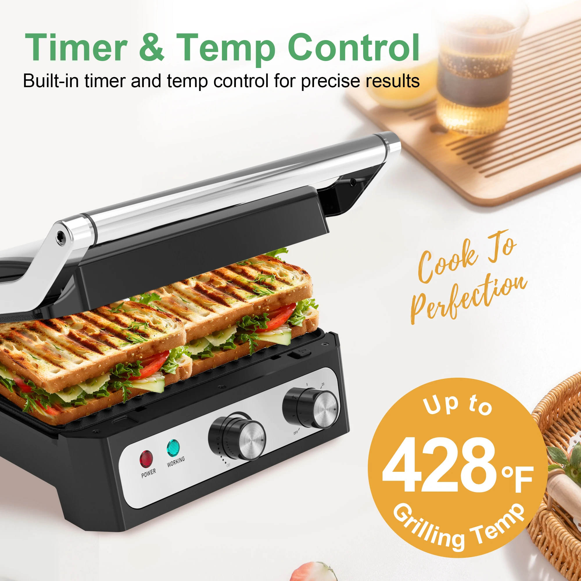 Electric Panini Press Sandwich Maker, 1500W Indoor Grill with Non-Stick Coated Plates, Temperature Control & Removable Drip Tray 4