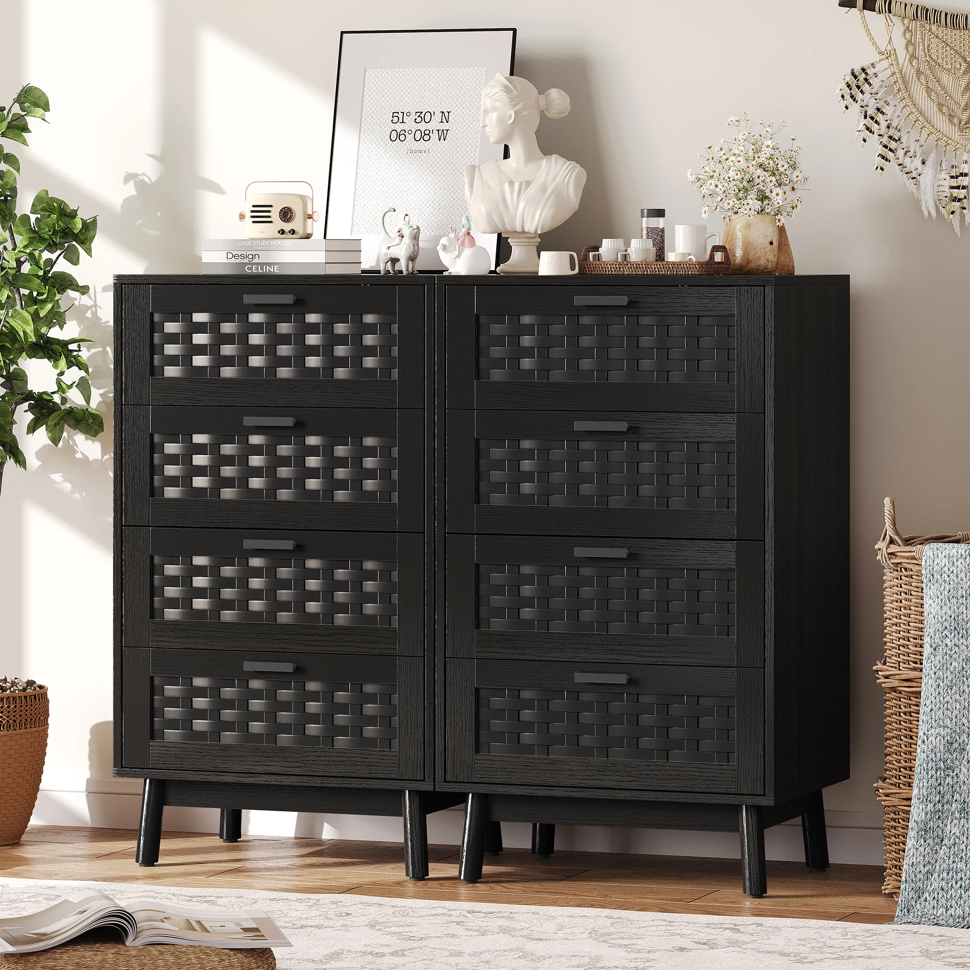 Rattan Kommode mit 4 Schubladen, Schlafzimmerkommode mit viel Stauraum, Aufbewahrungsschrank aus Holz, Schubladenschrank für Schlafzimmer, Wohnzimmer, Flur, Eingangsbereich, modernes Möbel im Naturstil, Schwarz – Detail 2