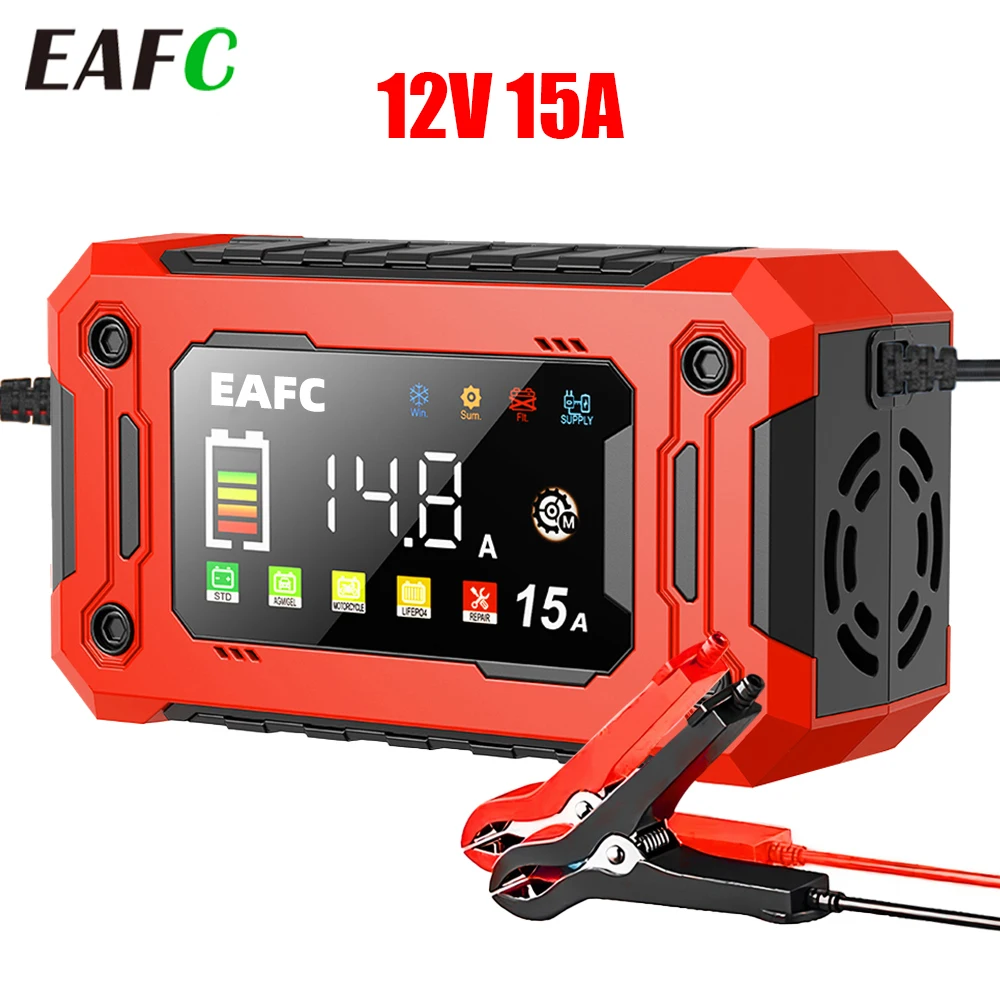 EAFC 12V 15A 8A chargeur de batterie de voiture grand écran Pluse chargeur de réparation pour Auto Moto SUV Lithium AGM plomb GEL LCD affichage