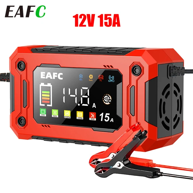 EAFC 12V 15A 8A Car Battery Charger Large Screen Pluse Repair Charger for Auto Moto SUV Lithium AGM Lead acid GEL LCD Display 1