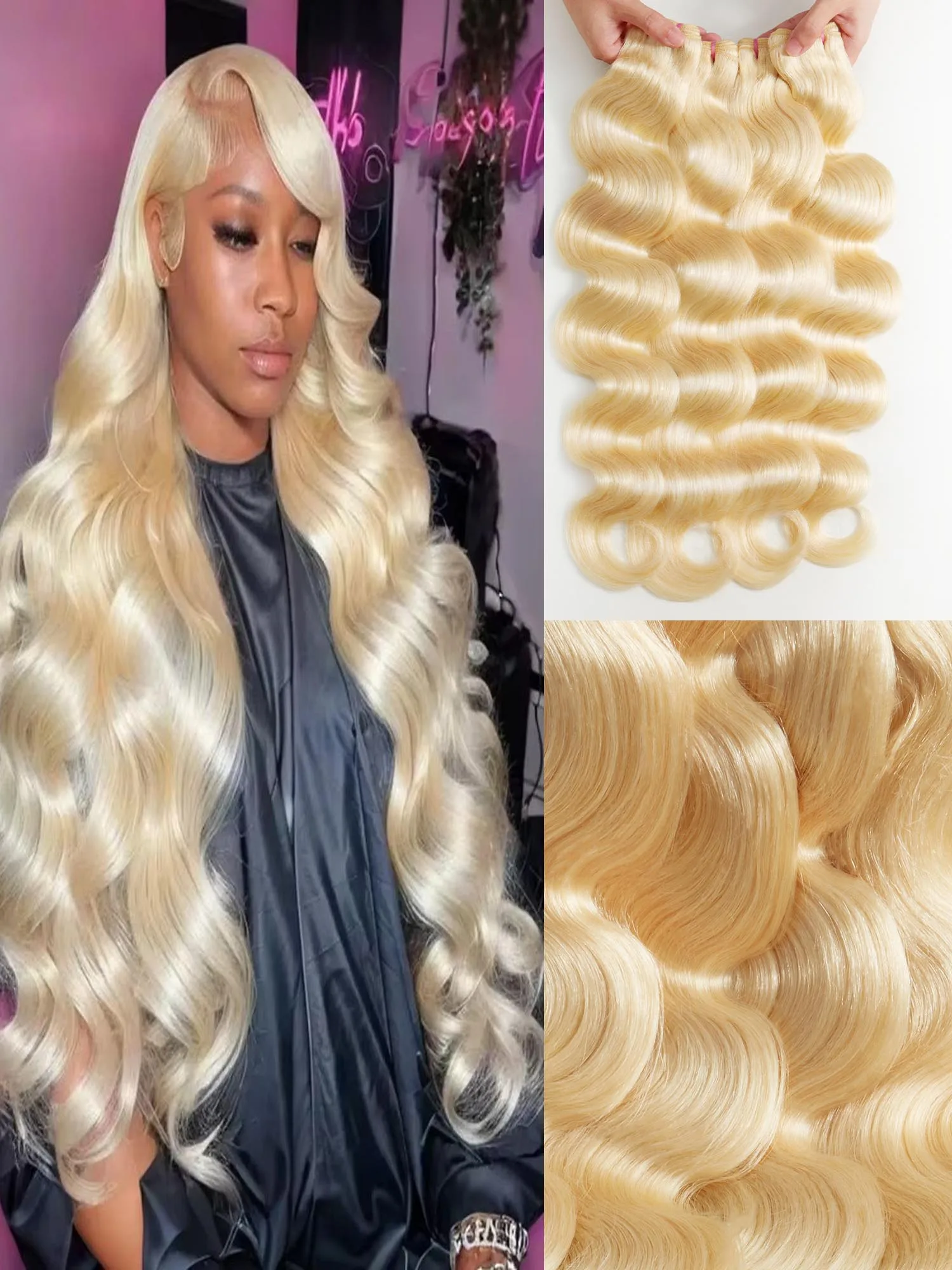 Human Hair Blonde Bundles Brazilian Human Hair Color #613 Body Wave18 20 22" Light Blonde Color Bundles Body Wave