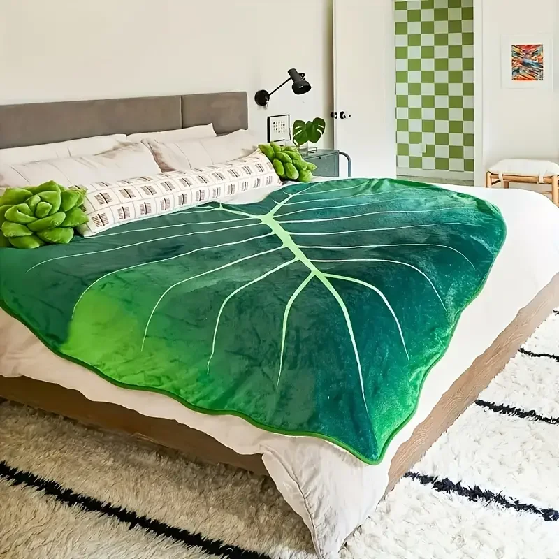 1pc Flannel Blanket, Leaf Shaped Green Leaf Blanket, HD Digital Printed Blanket, Warm Cozy Padded Blanket For Sofa, Bed, Couch 2