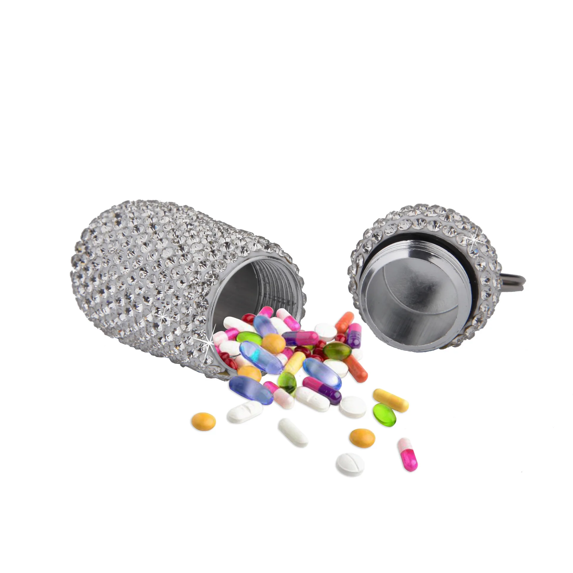 Storage Box Storage Sets Household Storage Sets Medicine Storage Container Mini Bling Diamond Pill Case with Keyring Portable Metal Rhinestone Pill Box for Travel