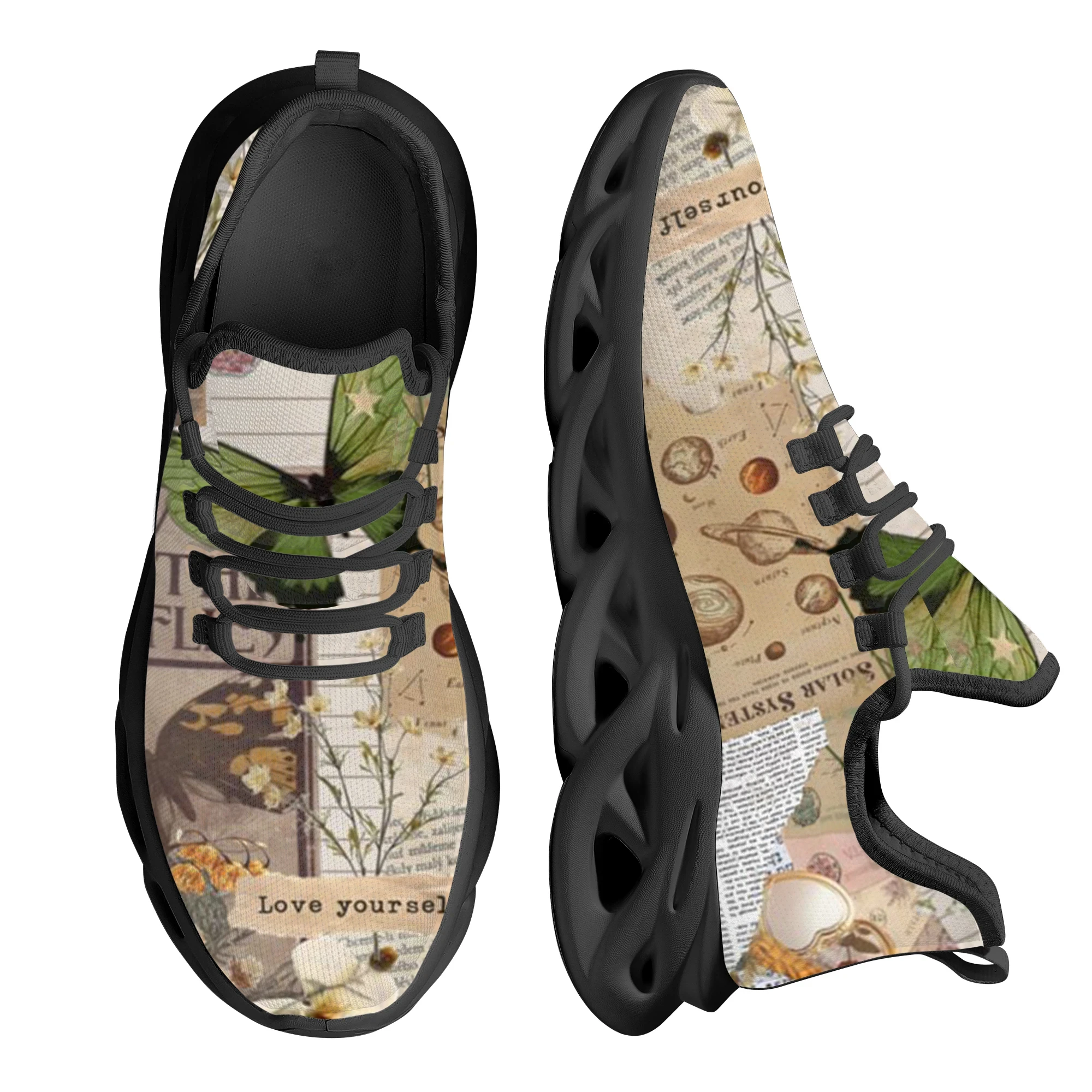 

Basketball Shoes Trendy Butterfly Design Newspaper Print Lace-up Sneakers Outdoor Breathable Lightweight Non-slip Flats Zapatos