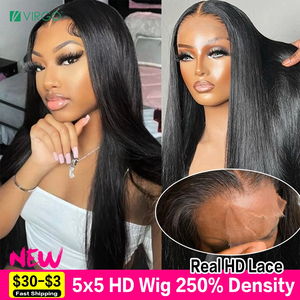 

Real HD Lace Closure Wig 5x5 Human Hair Virgo Invisible HD Transparent Bone Straight Virgin Wig 34 Inch 250 Density Full & Thick