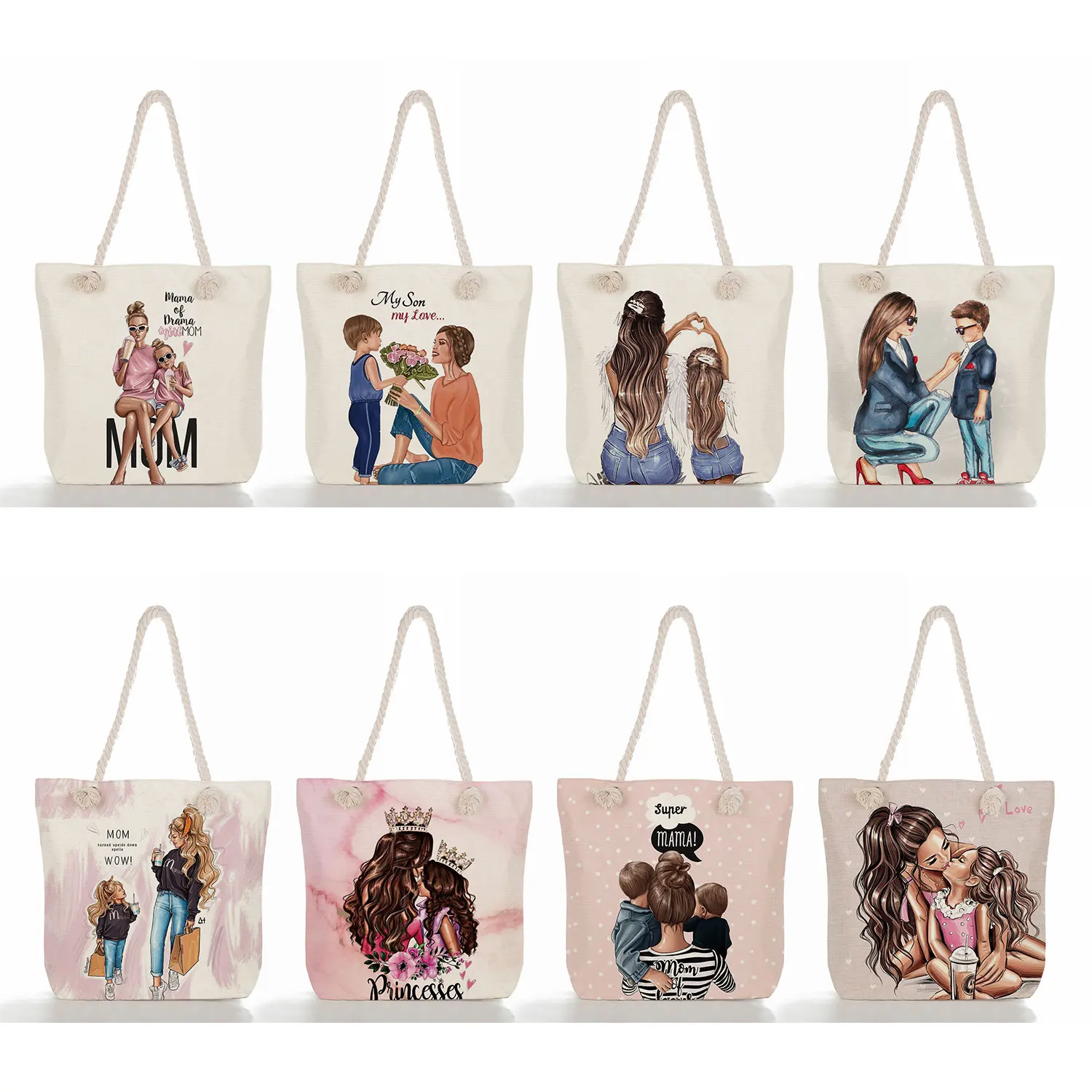 Custom Cute Cartoon Super Mama Print Big Size Handbag Mom and Baby Folding Women Casual Tote Travel Practical Portable Beach Bag