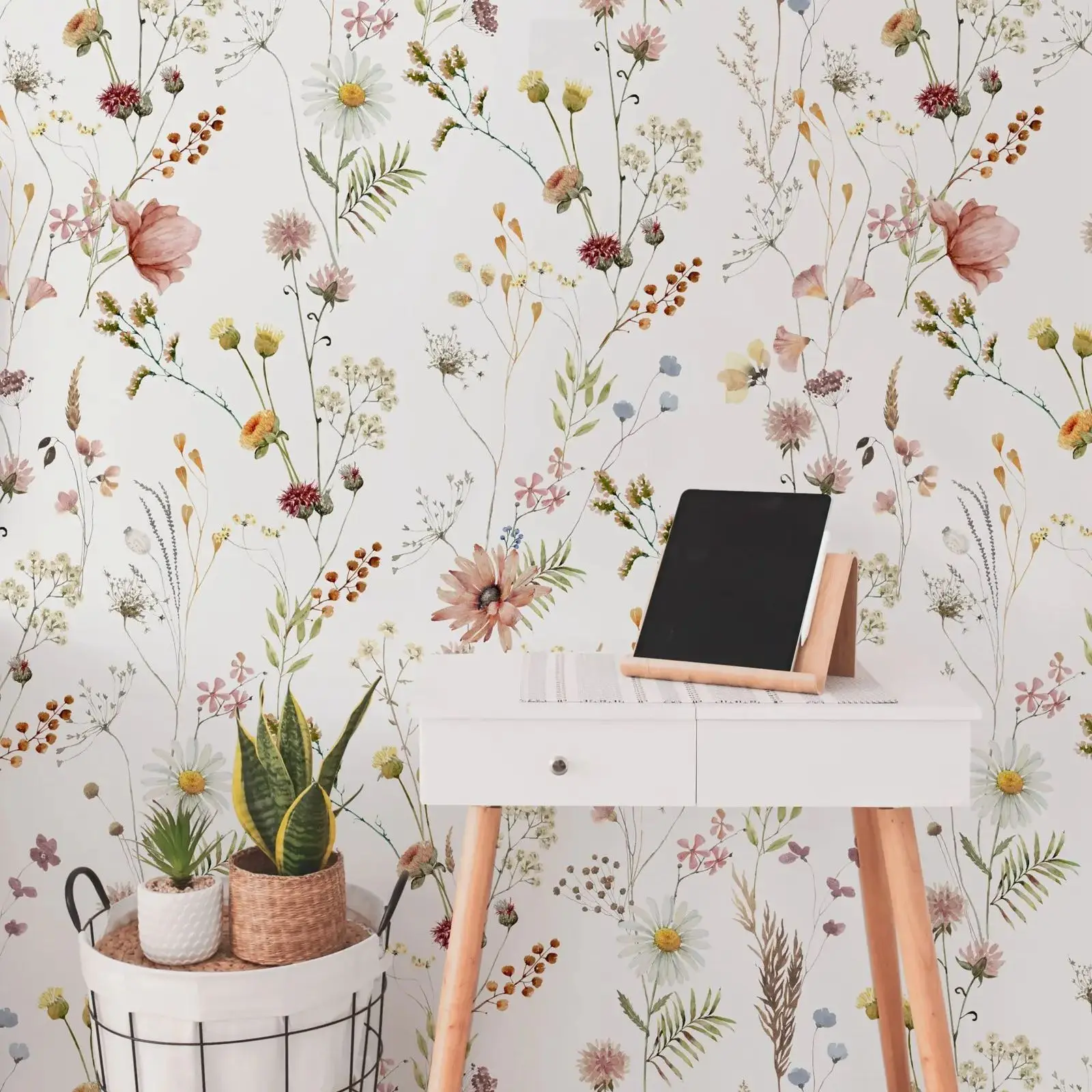 Papel de Parede Flor Selvagem Aquarela para Crianças Mural de Parede Floral Florais Pequenos com Grama Campo Botânico Macio