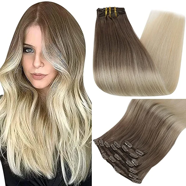 Full Shine Clip In Human Hair Extensions Balayage Ombre Blonde Black Hairpins 7pcs 120g Double Weft 100% Machine Remy For Woman 8 60
