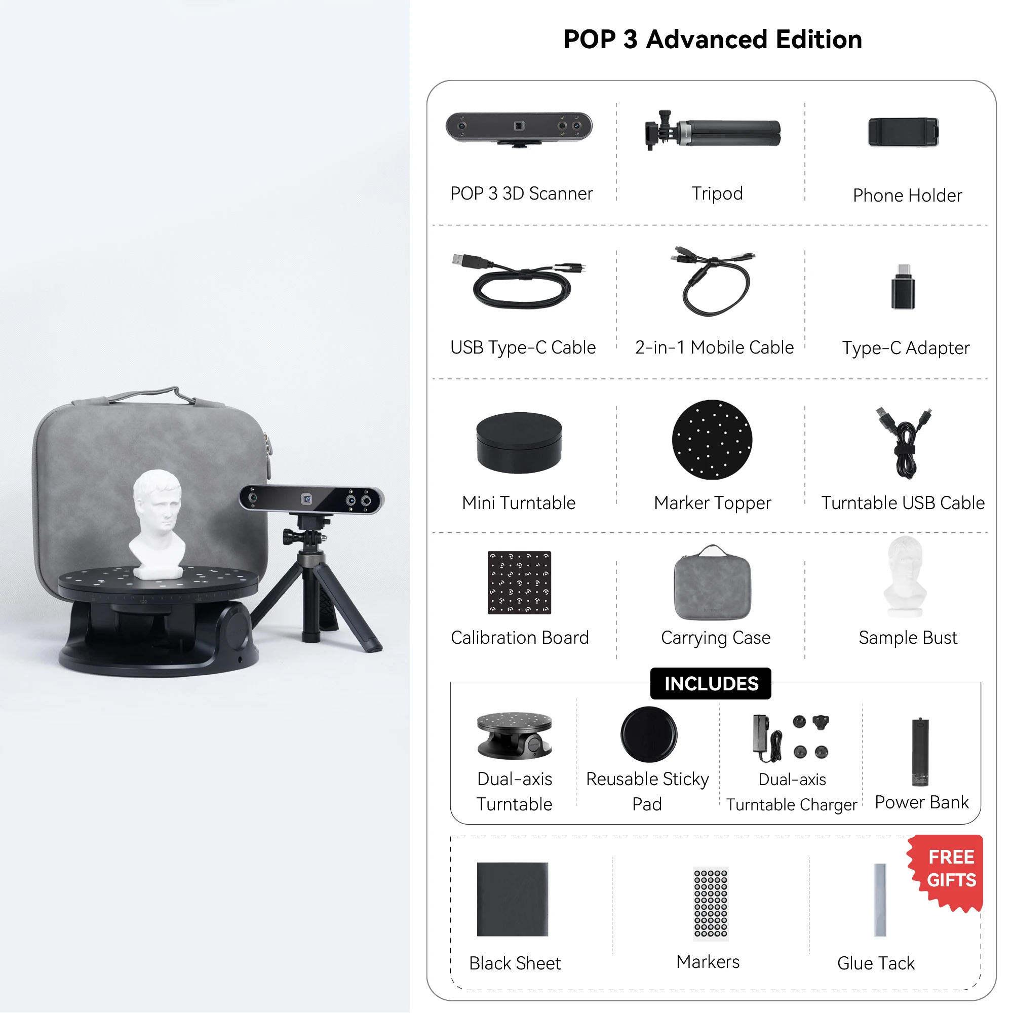 Revopoint POP3 3D 스캐너, 고정밀 핸드헬드 3D 스캐너, 이중 축 턴테이블, 어드밴스드 에디션, 0.05mm
