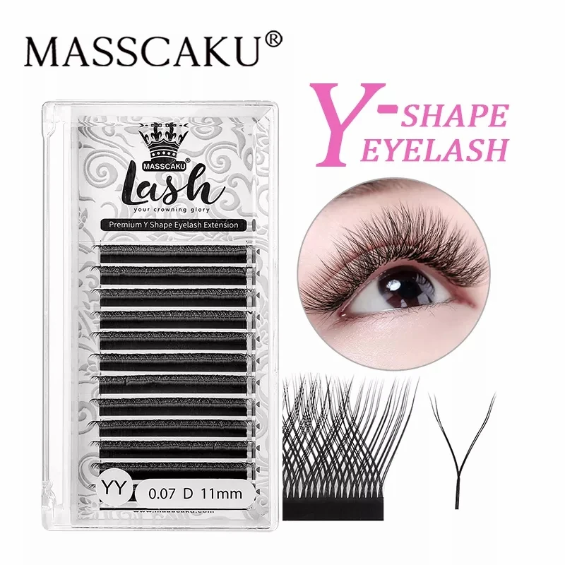 Eyelash Extension MASSCAKU YY shape Hand Woven Premium Mink Soft Light Natural Makeup Mesh Net Cross False Individual Eyelash Extension Supplies