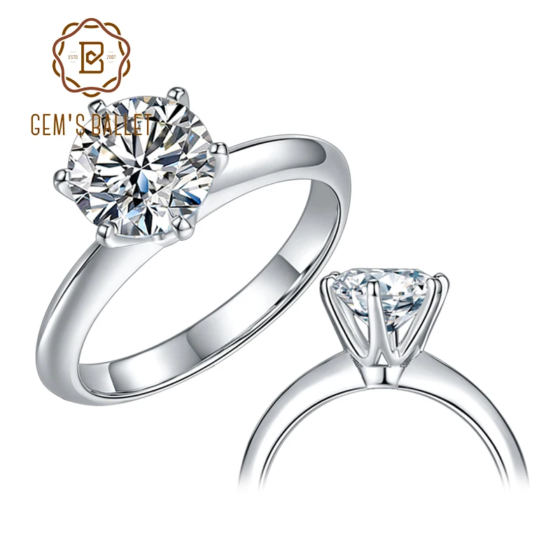 GEM'S BALLET 18K White Gold Moissanite Ring 1ct 2ct 3ct Round Moissanite Diamond Solitaire Engagement Rings For Women