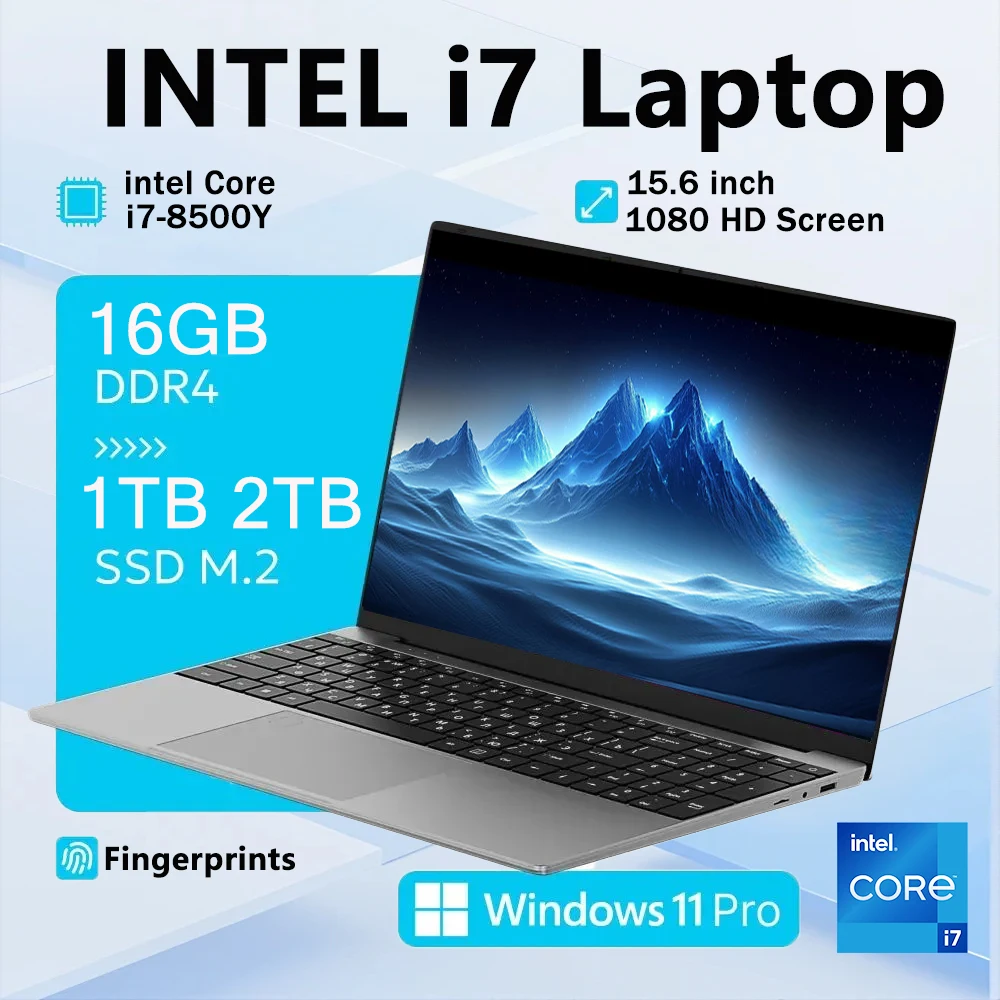 15.6 inch Business Laptop Intel Core i7-8500Y 16GB RAM 1TB 2TB SSD Windows 11 Pro Notebook Fingerprint Unlock Office Laptop