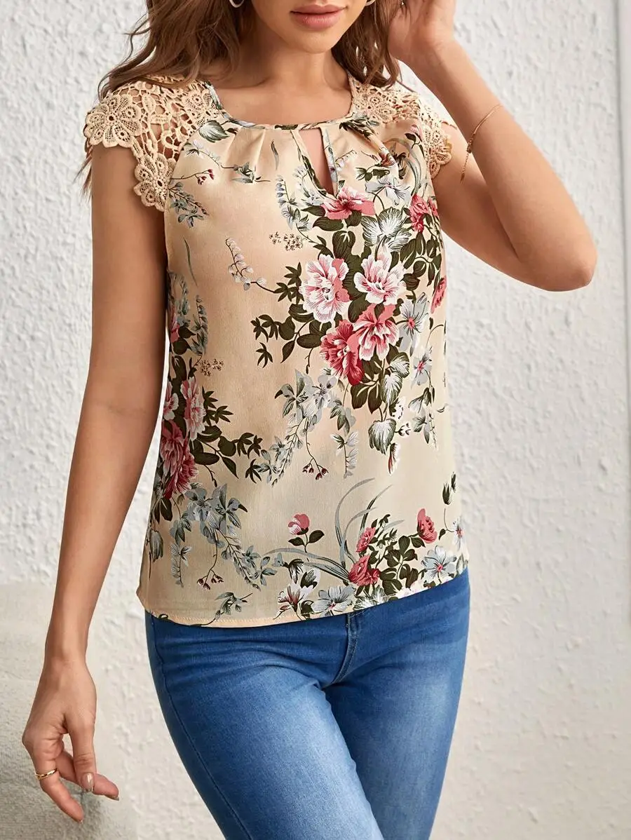 Women Beige Floral Print Blouse Round Neck Keyhole Shoulder Lace Sleeveless Top Spring Summer Sweet Elegant Daily Casual T-Shirt 5