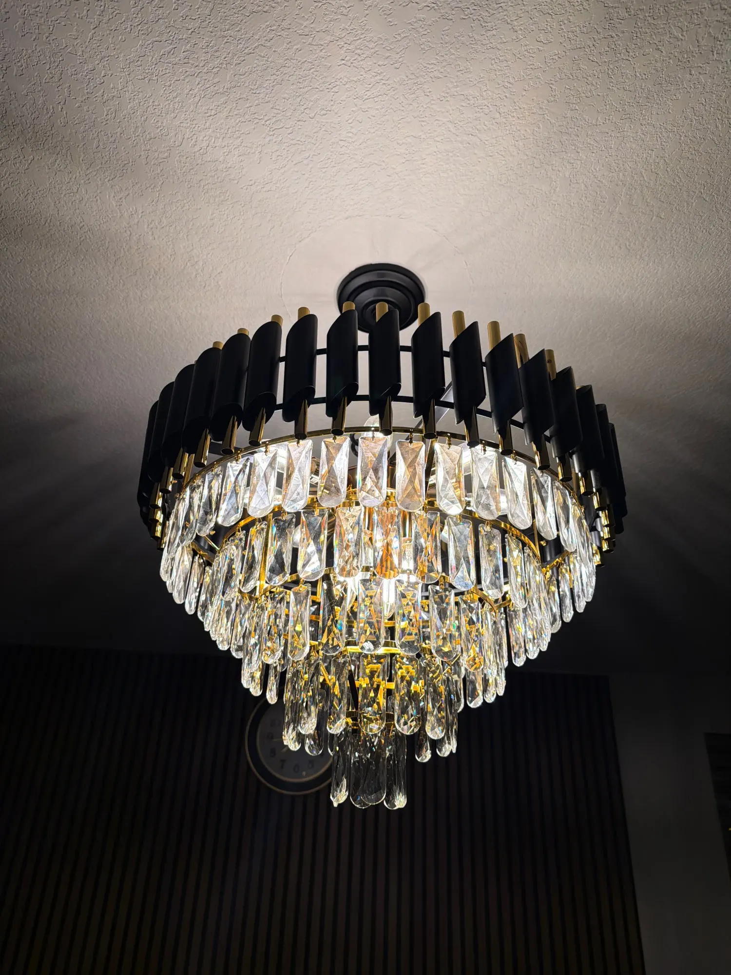 Modern Black & Gold Dimmable 5-Tier Round K9 Crystal Chandelier