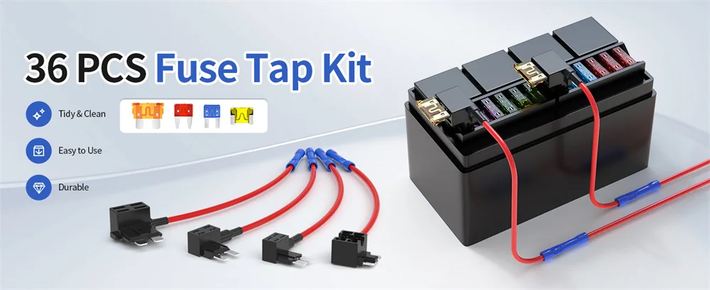 36-teiliger Sicherungshahn, 12 V, 4 Typen, fügen Sie ein Sicherungsset mit 5 A, 10 A, 15 A, 20 A Sicherung, Standard-Low-Profile-Sicherungshahn-Adapter, Mini und Micro2 für Auto – Detail 1