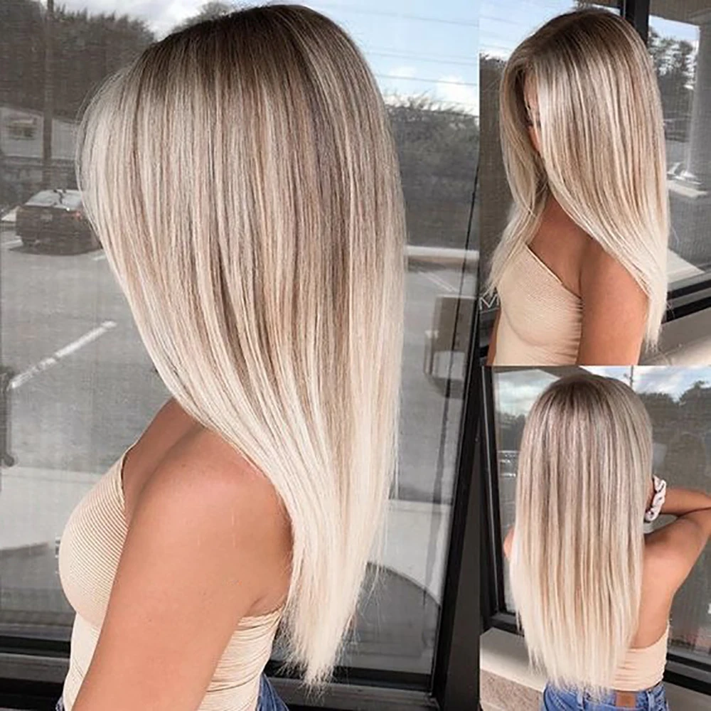 Lace Front Synthetic Wigs Long Straight Ombre Blonde Lace Hair Wig for Women Daily Cosplay Party Natural Heat Resistant Fake Wig