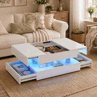 Table basse carrée haute brillance, table de canapé, table basse à plateau coulissant avec double tiroir, style moderne, avec éclairage LED, adaptée au salon, disponible en blanc/noir 1