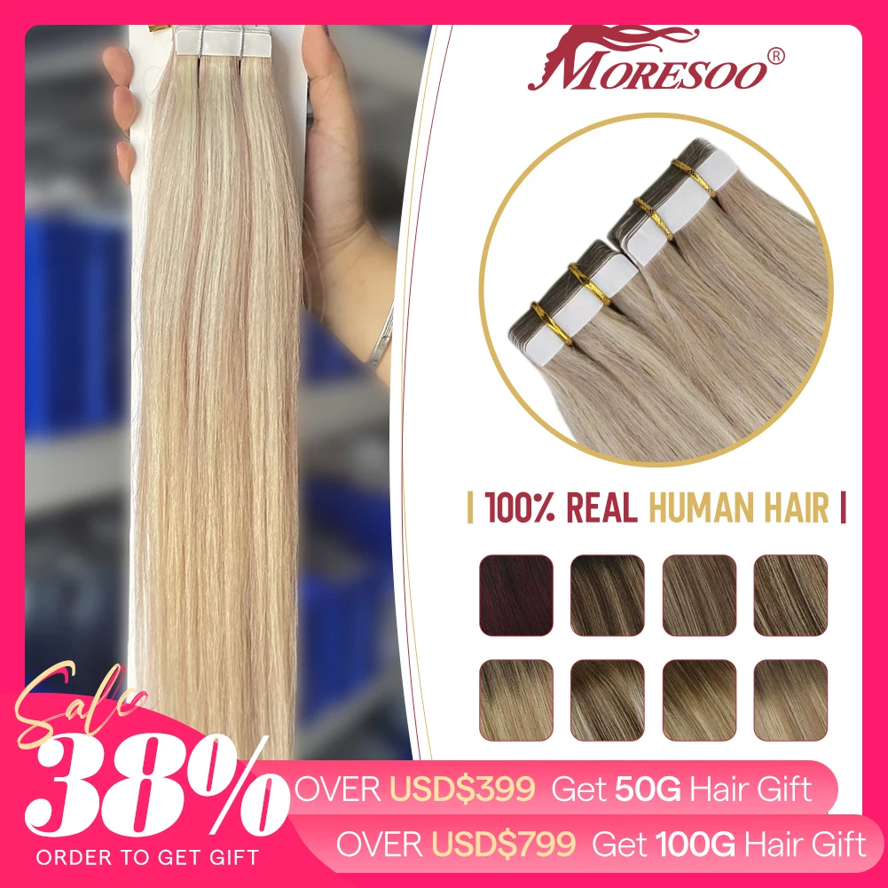Moresoo Human Hair Extensions Tape in Real Remy Ash Blonde for human hair extensions,hair extensions