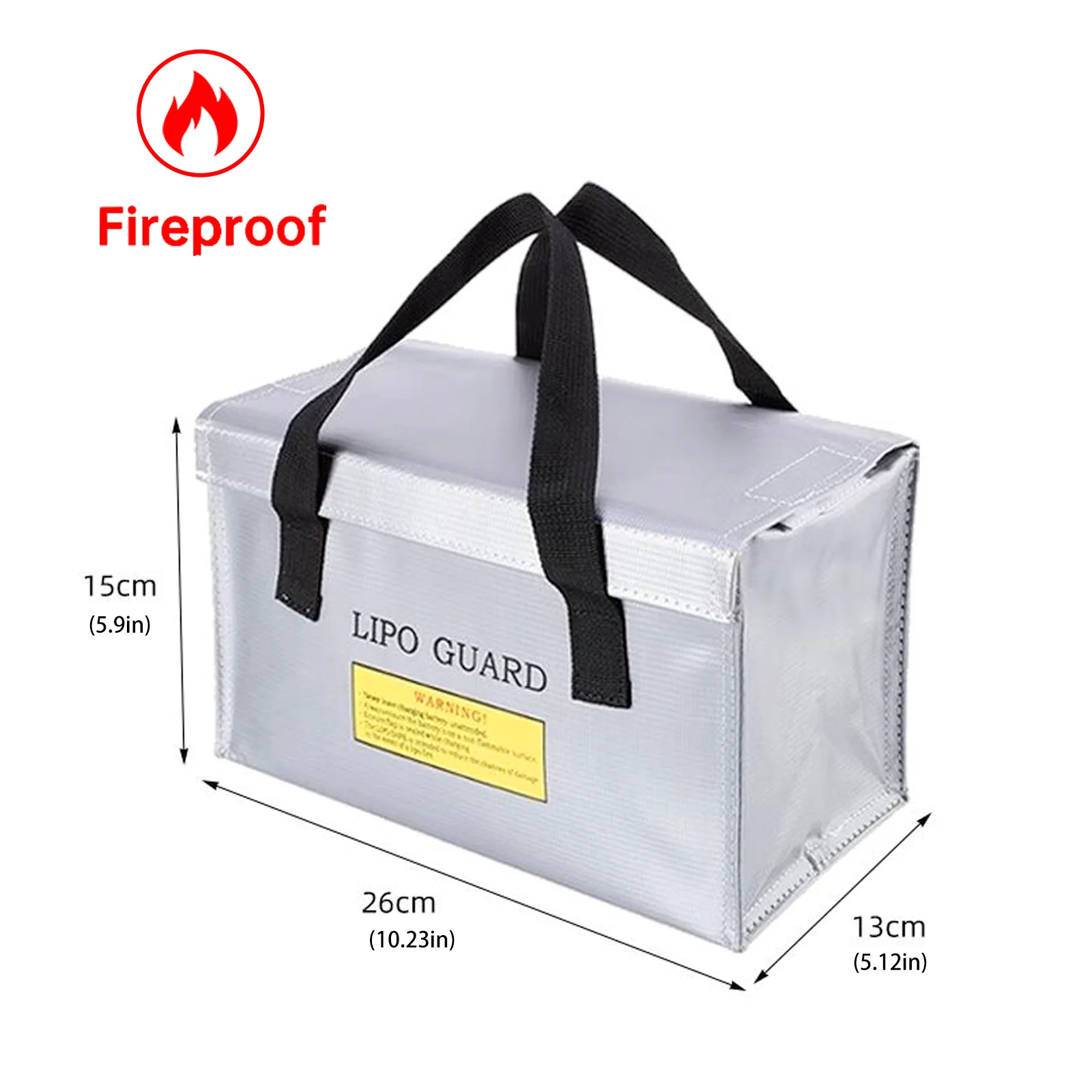 Vue latérale du sac anti-explosion avec poignée de transport, idéal pour sécuriser les batteries de drone RC.