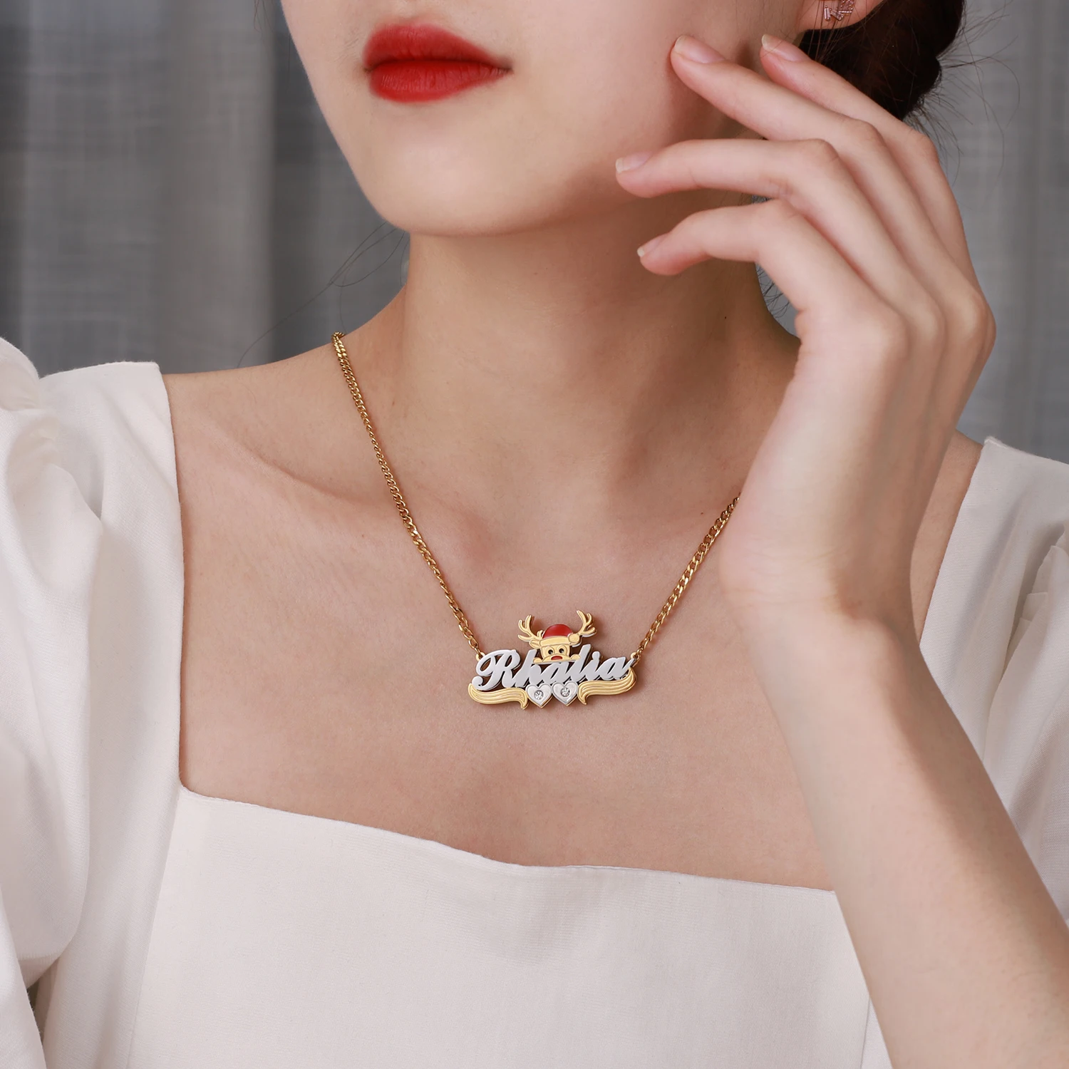 2024 Custom Name Necklace Personalized Elk Double Layer Two Tone 14K Gold Plated Double Heart Necklace For Women Christmas Gift