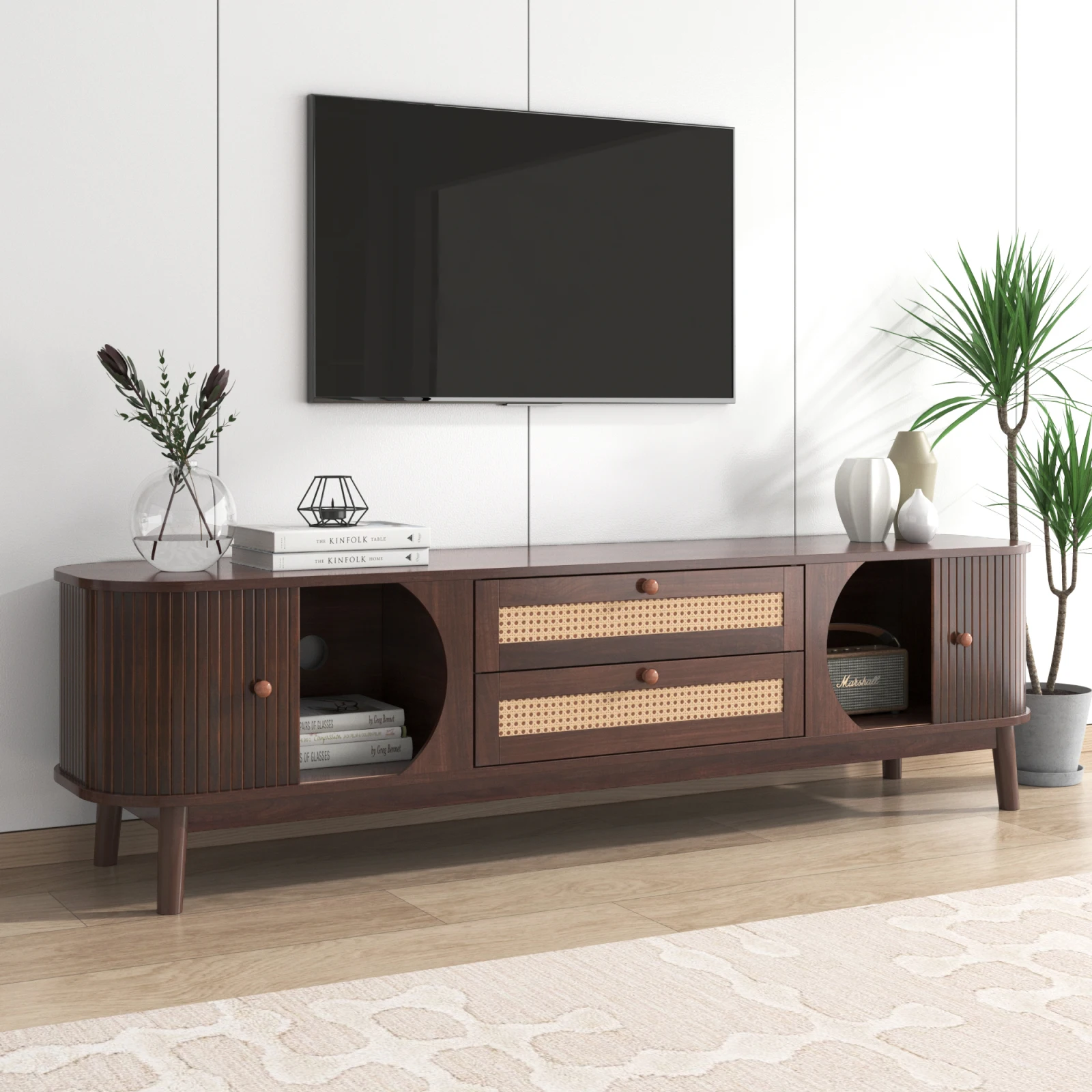 Rosahqnda TV-Schrank-Natürlicher Holz-Blend TV-Schrank mit Türen und Schubladen. TV-Ständer mit Rattanseiten,170 x 46 x 39.5 cm – Detail 11