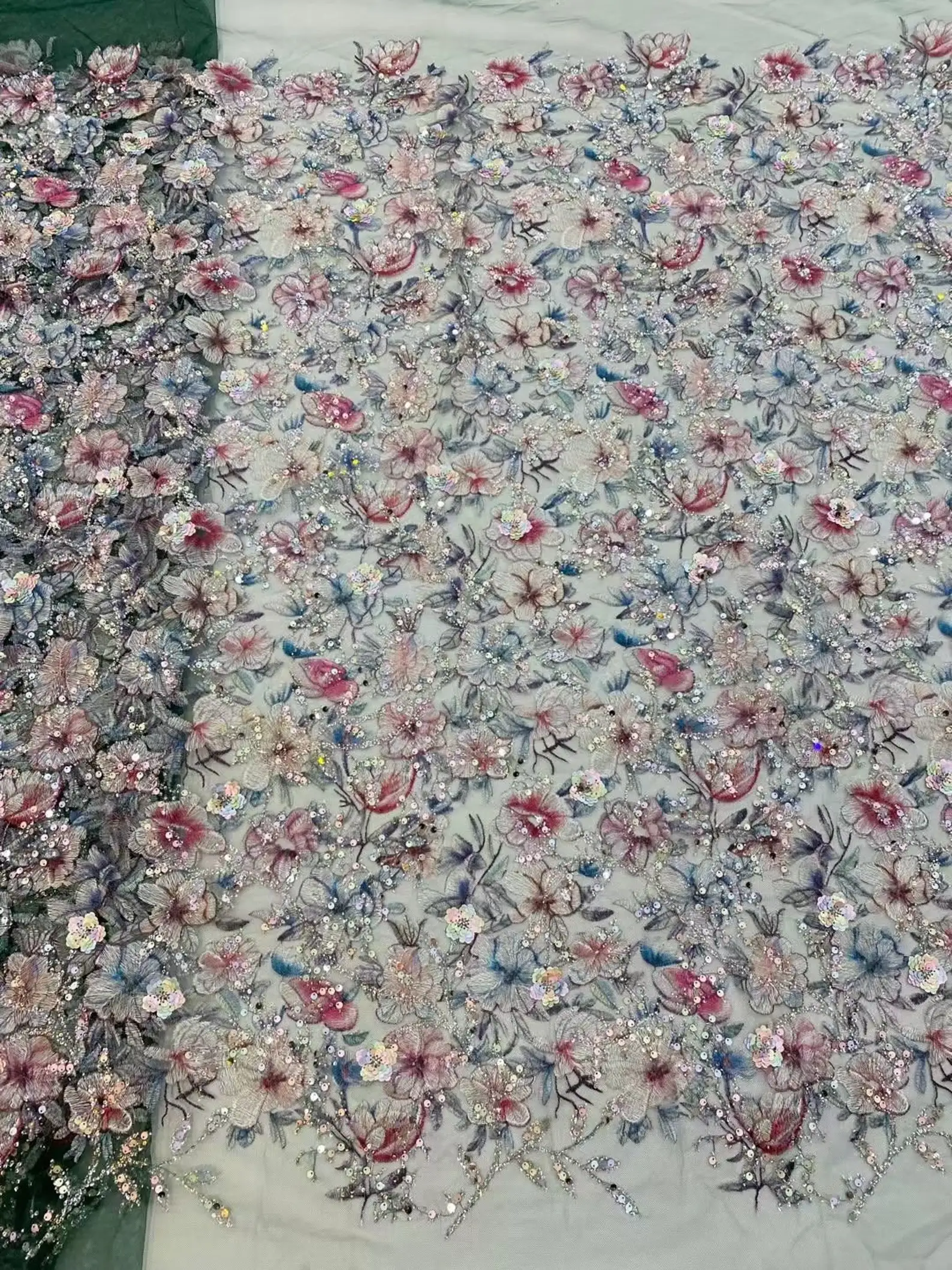 

1 yard Colorful Embroidered Lace Fabric With Flowers And Sequins For Wedding Dress Party