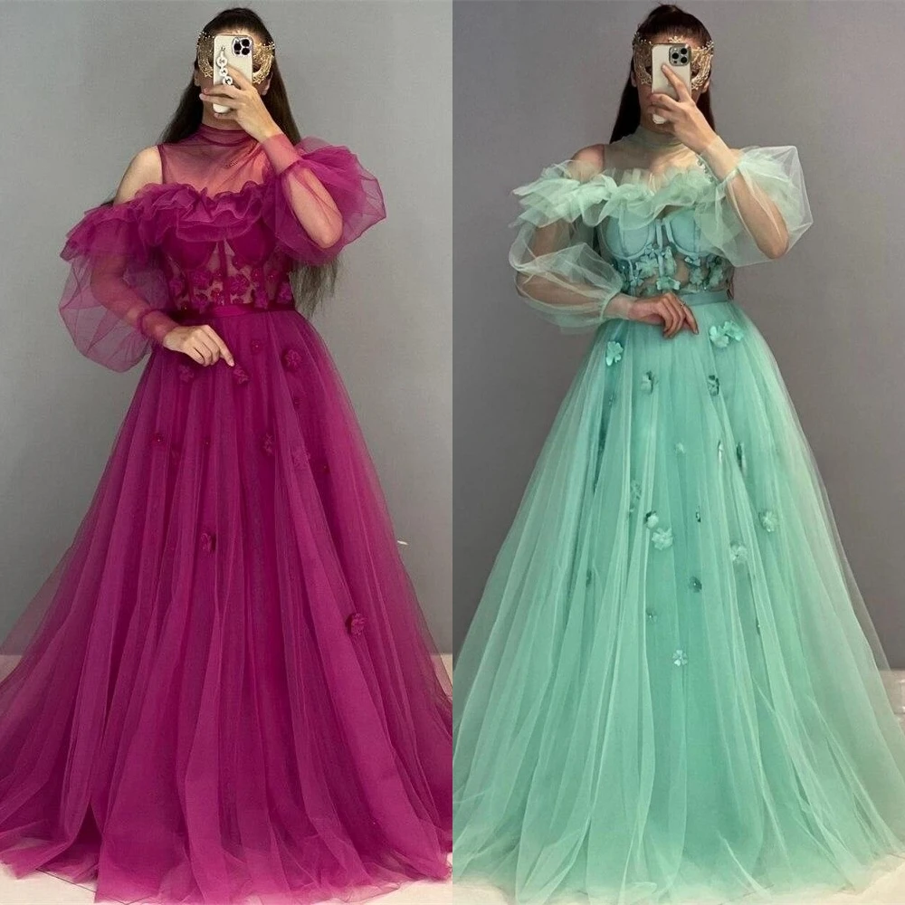 

Prom Dresses Classic High A-Line Flowers Tulle Formal Occasion Gown flower dress vestido vermelho vestito donna cerimonia