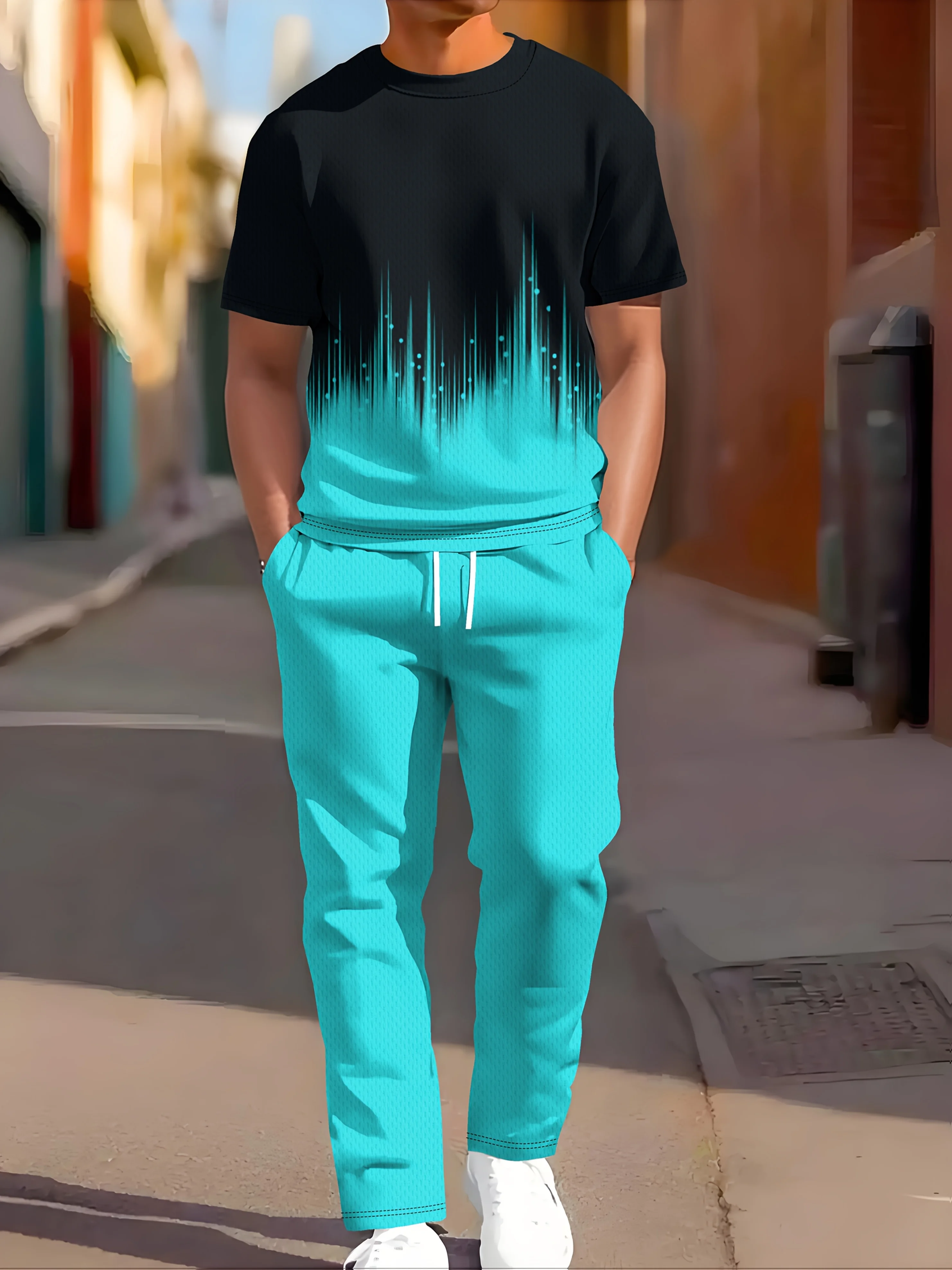 بسيط الرجال الصيف التدرج المطبوعة مريحة وتنفس جولة الرقبة تي شيرت فستان أطفال مع سروال داخلي في الهواء الطلق عارضة قطعتين مجموعة